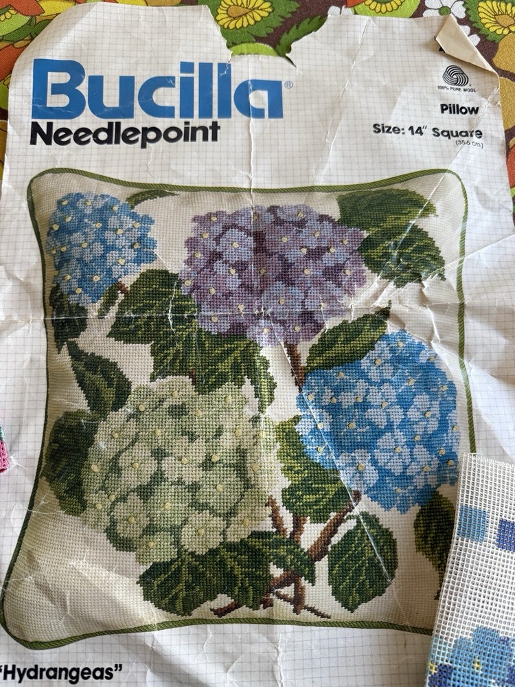Vintage Strawberry & Hydrangeas Needlepoint Pillow Kits & Books