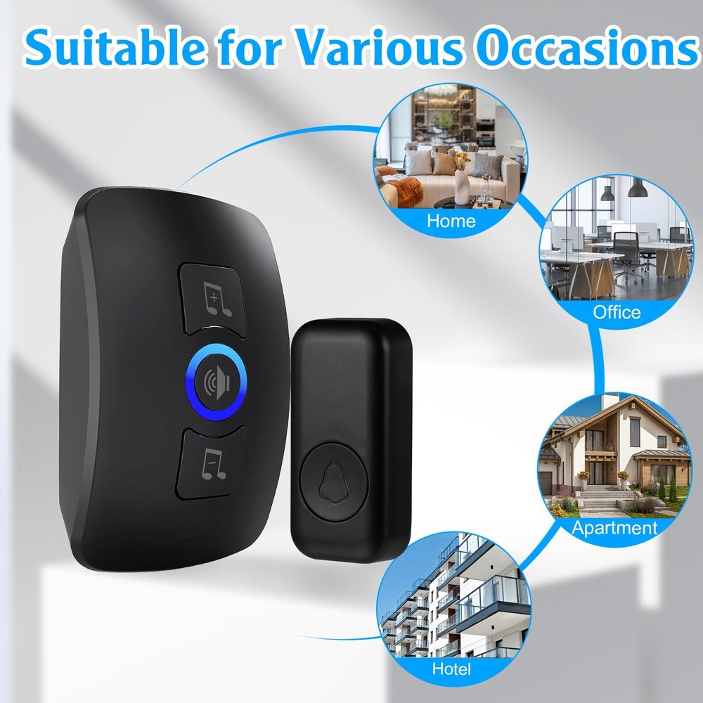 Waterproof Wireless Doorbell Adjustable Volume 2 Plugin Receiver 3 Bell Button