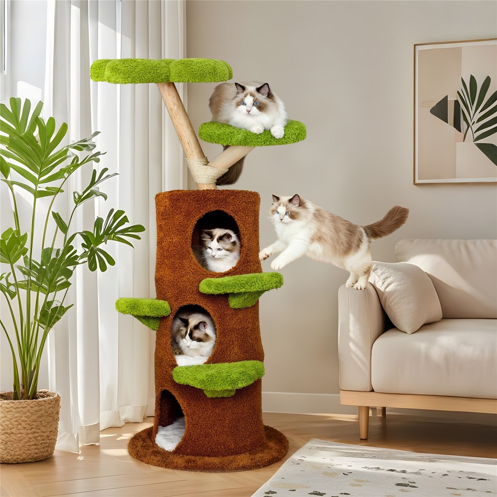 Cat Tree Tower for Large Cats Solid Wood Scratching Post with Basket Condo Perch