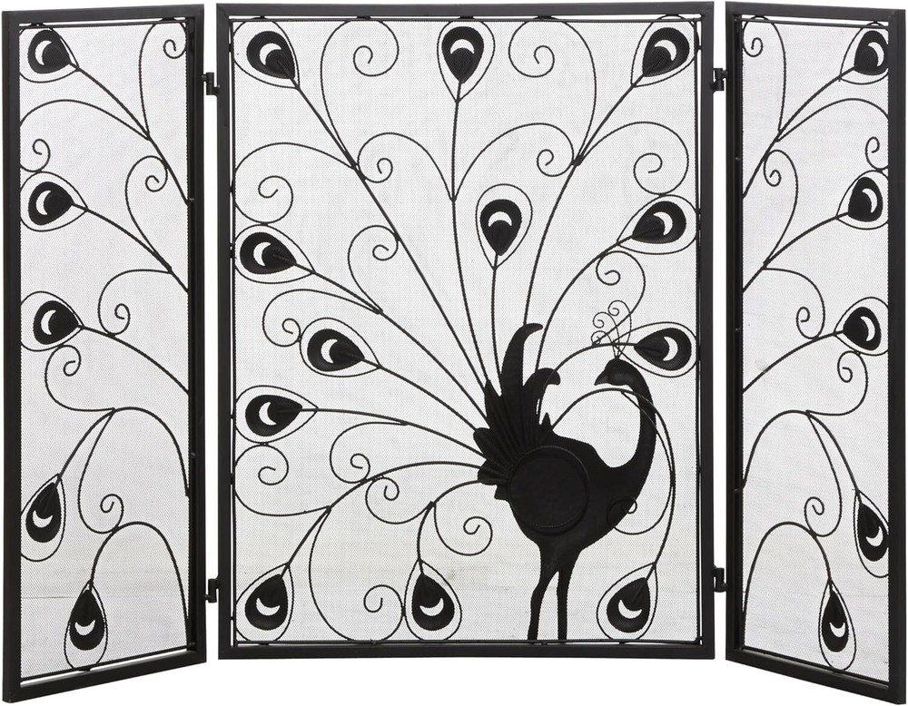 Metal Peacock Foldable Mesh Netting 3 Panel Fireplace Screen with Crystal Accent