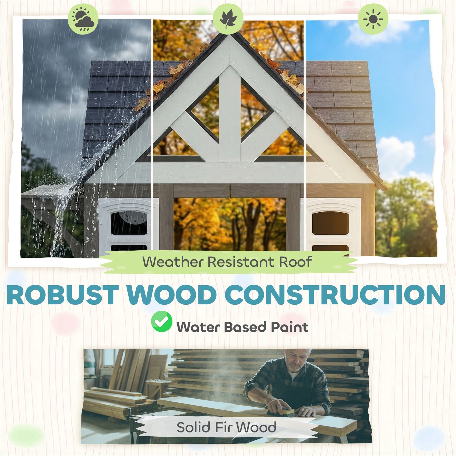 Qaba Outdoor Playhouse with Dog Door, Flower Box, Cookware for Backyard