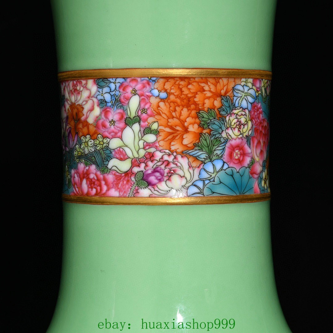 9.2"Old Green Glaze Famille Rose Porcelain Gilt Flower Pattern Bottle Vase