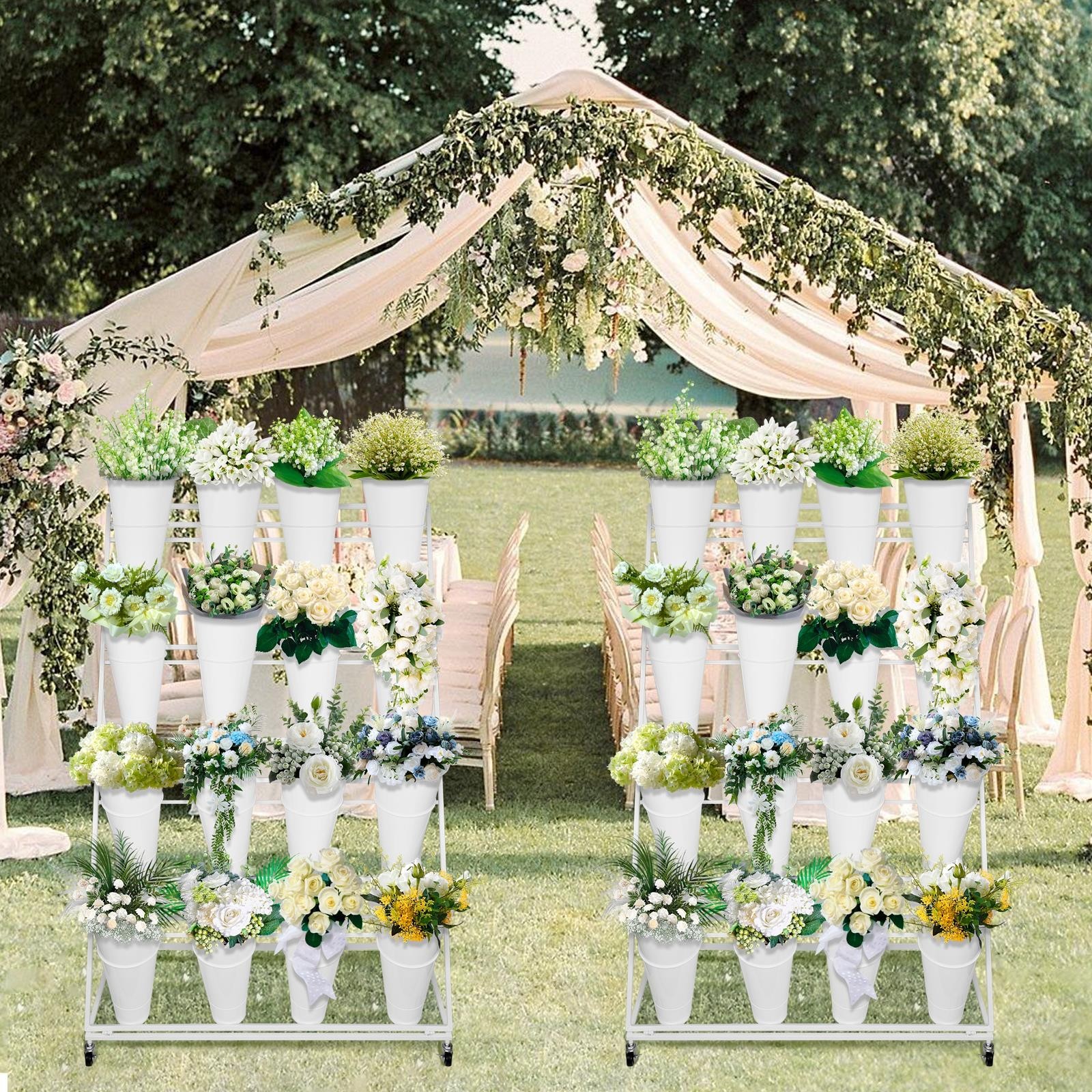 3/4 Tiers Flower Display Stand Cart w/ Round/Square &12/16 Buckets Flower Stand