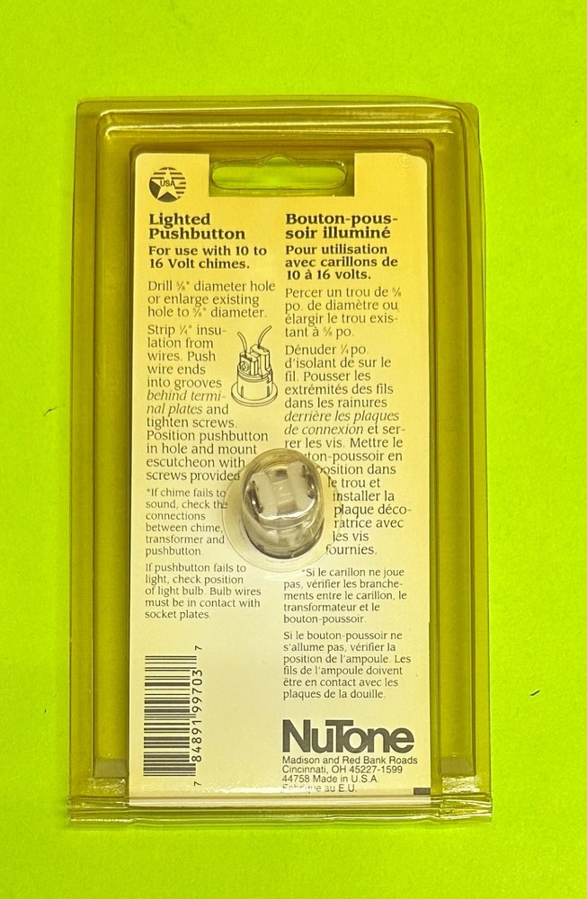 NUTONE PB-29LWH CLASSIC STYLE LIGHTED DOORBELL PUSH BUTTON WHITE SOLID BRASS