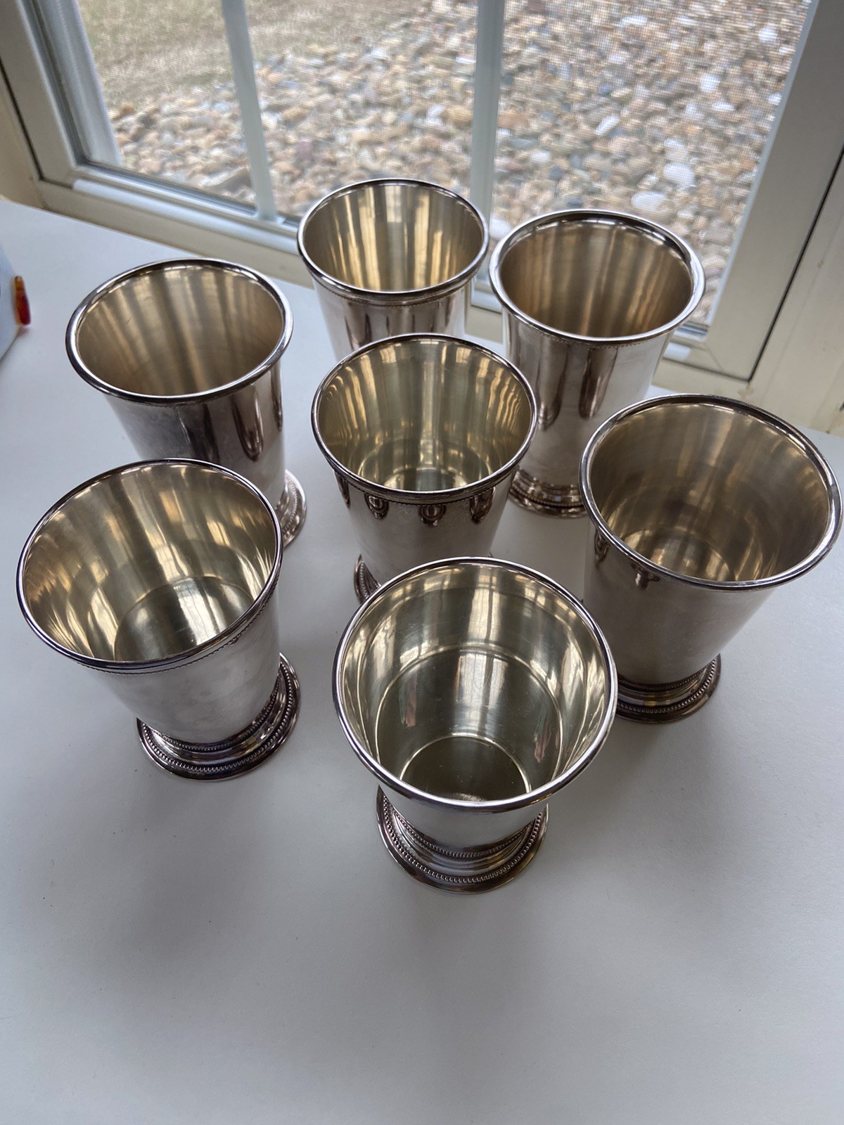 Patrick Henry Silver Plate Mint Julep Cups Beaded Band Exeter Crown Mark Lot 7