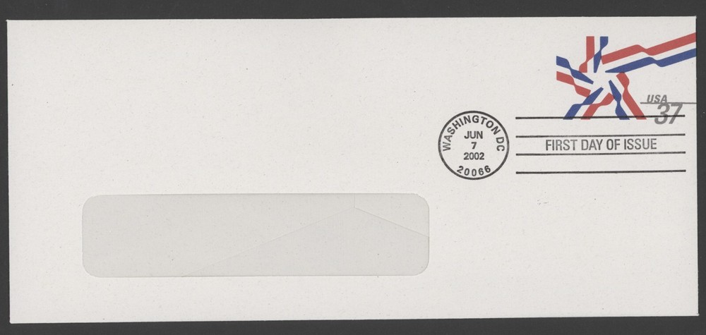 U649 37c Red & Blue Star Ribbon Stamped Envelope, Windowed Size #10 FDC