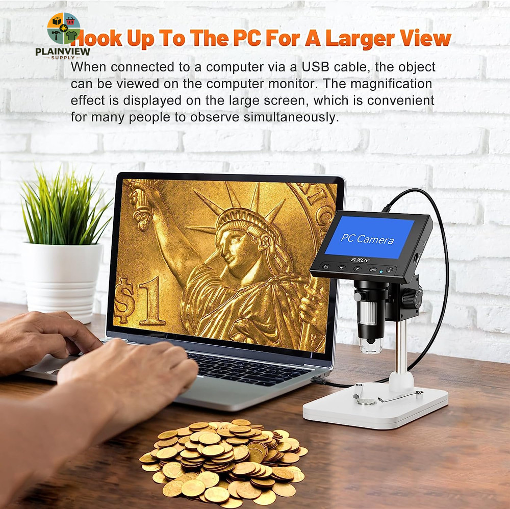 Microscope, LCD Digital Coin Microscope 1000X, Coin Magnifier with 8 Adjustable