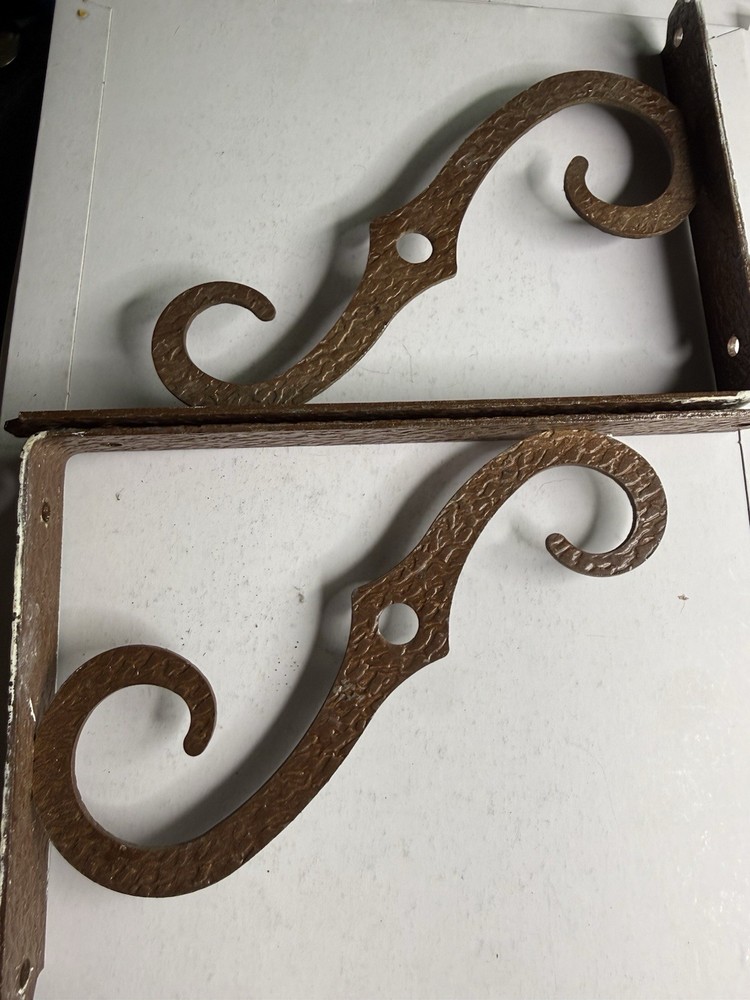 Vintage Hammered Steel Shelf Brackets Rustic Scroll Wall Mount Pair