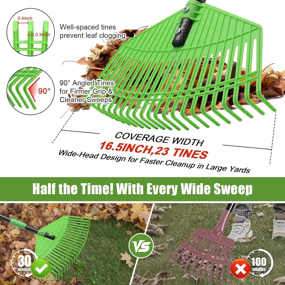 Plastic Leaf Rake - Upgraded Anti-Break Nylon Head,65" Adjustable Green