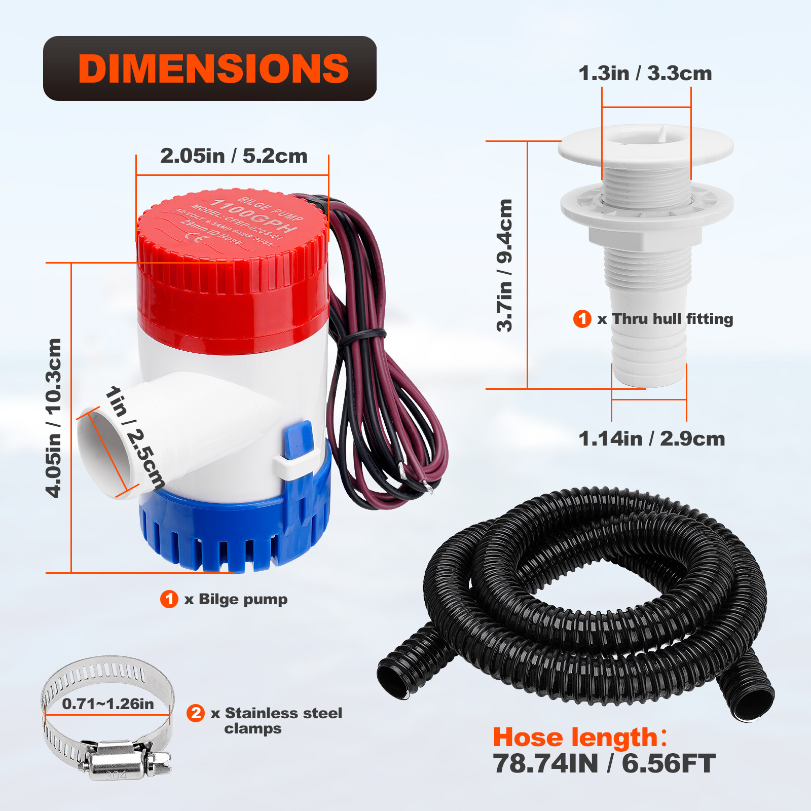 1100 GPH Boat Bilge Water Pump 12V 1-1/8 Inch Dia Bilge Pump Plumbing Kit W/Hose