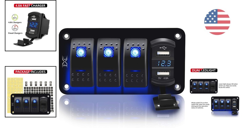 Multi-Function 3 Gang Rocker Switch Panel with Blue LED, USB Charger & Voltmeter
