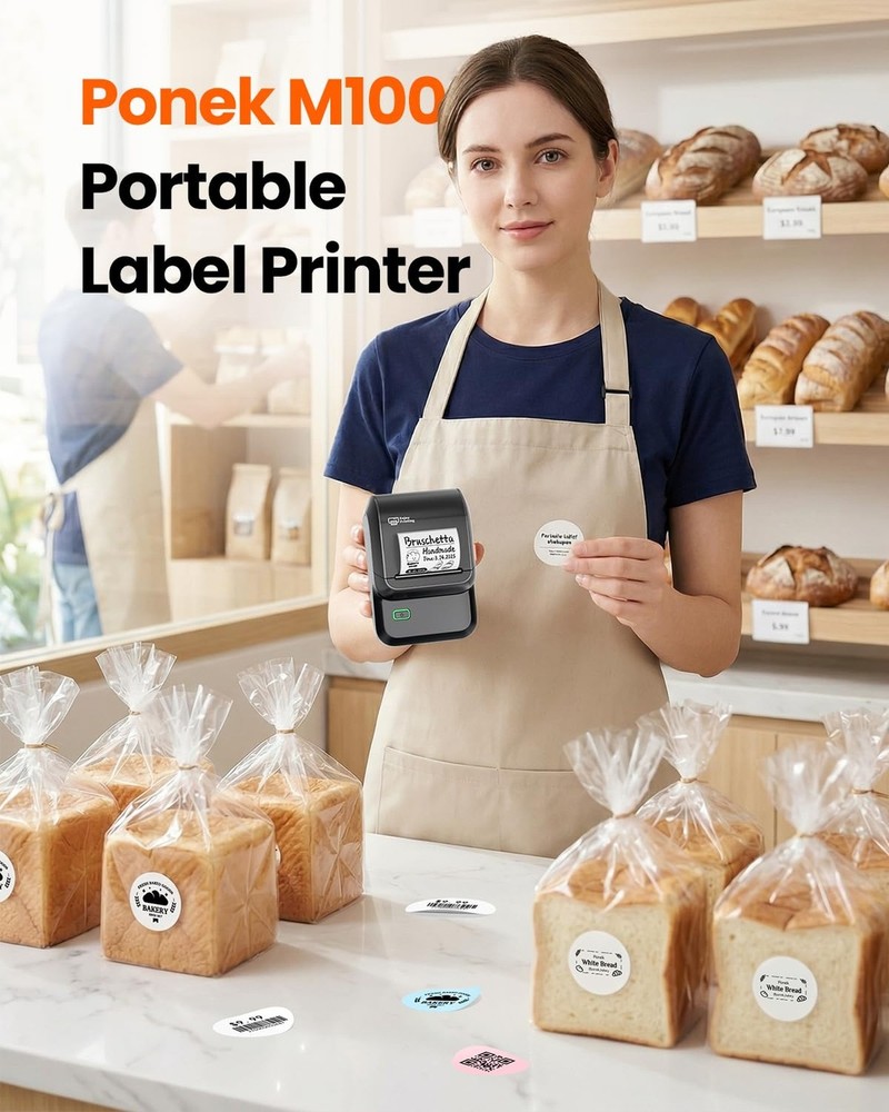 Ponek Label Maker Machine with Tape, M100 Address Barcode Label Printer, Vers...