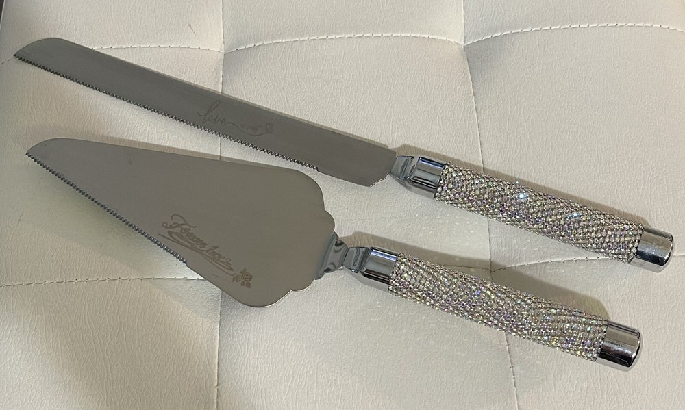 Silver Rhinestone Wedding Cake Knife Server Set NWT!