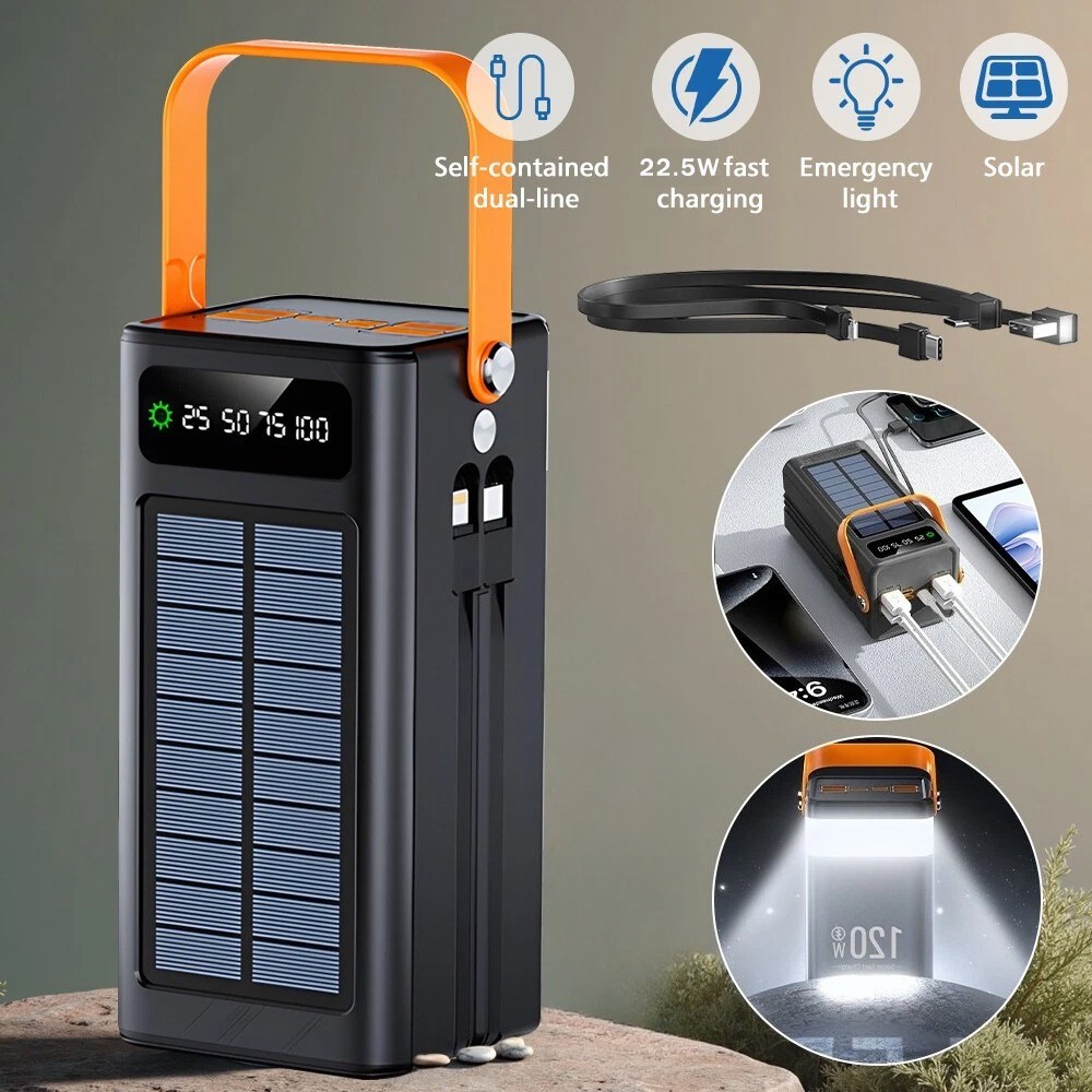 Super 40000000mAh Solar Power Bank Built in 4 Cable LED Flashlight Fast Charging