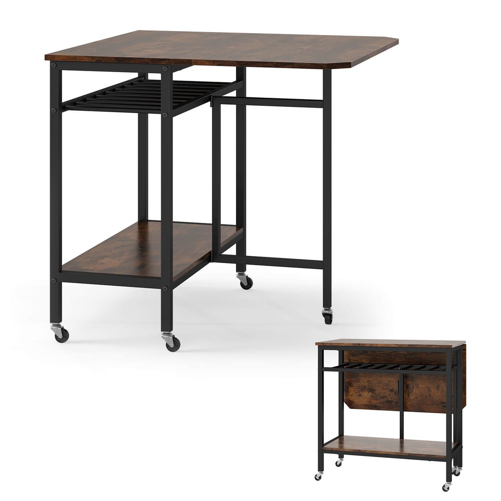 Folding Dining Table Movable Kitchen Table with Wine Rack Storage Shelf & Wheels