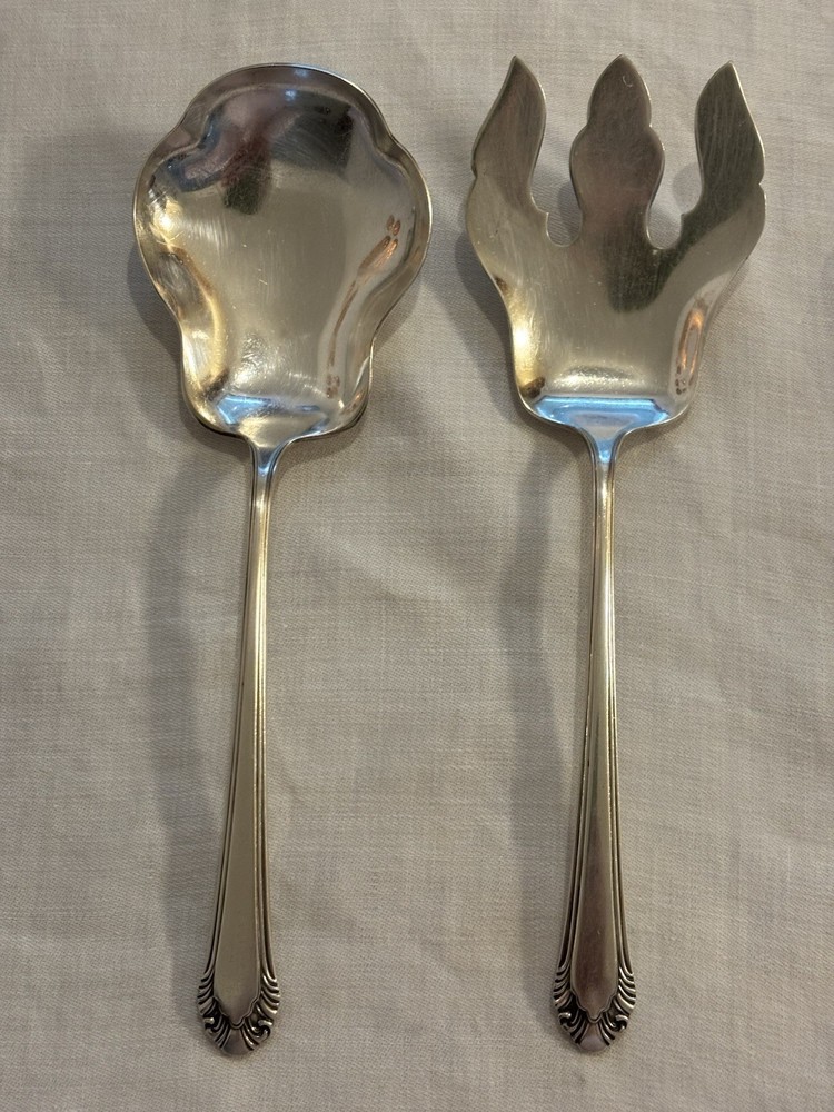 Gorham Cavalier (1937) Silverplate Salad Fork & Spoon Serving Set (both 9”) Rare