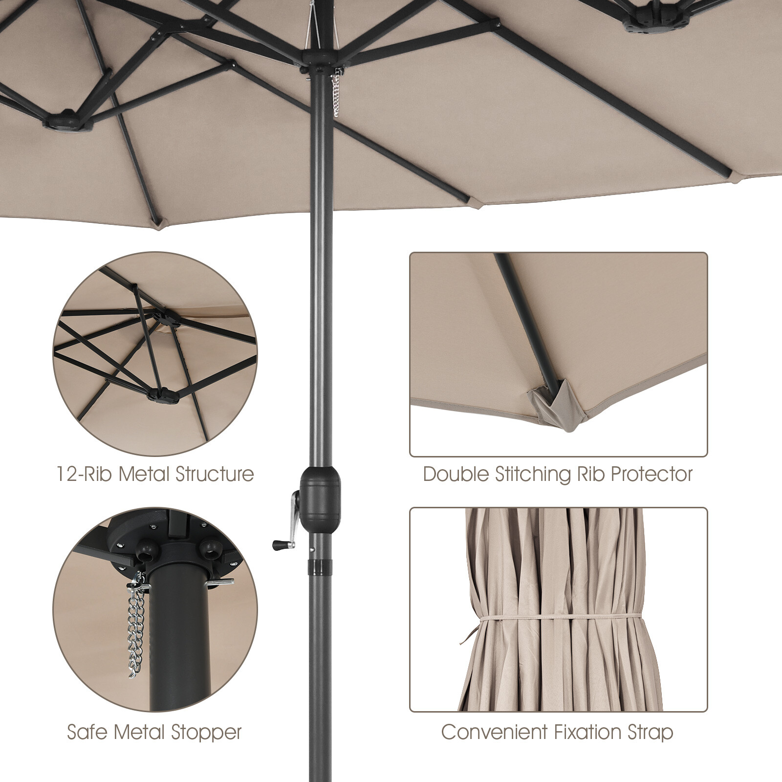 15FT Patio Double-Sided Umbrella Crank Outdoor Garden Market Sun Shade Beige