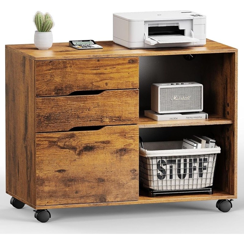 Versatile Office Cabinet W/ Open Shelves & 3 Drawers Rolling Storage Solution US
