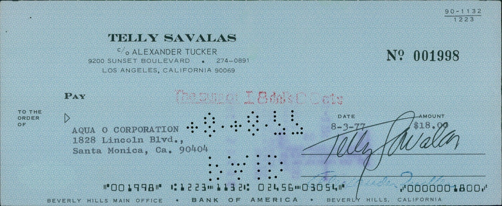 Telly Savalas Actor Signed Cancelled Check JSA Authenticated