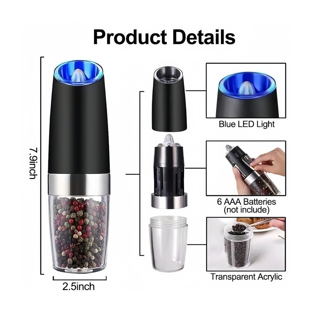 2 Pack Gravity Electric Salt and Pepper Grinder Mill Shaker Adjustable Automatic