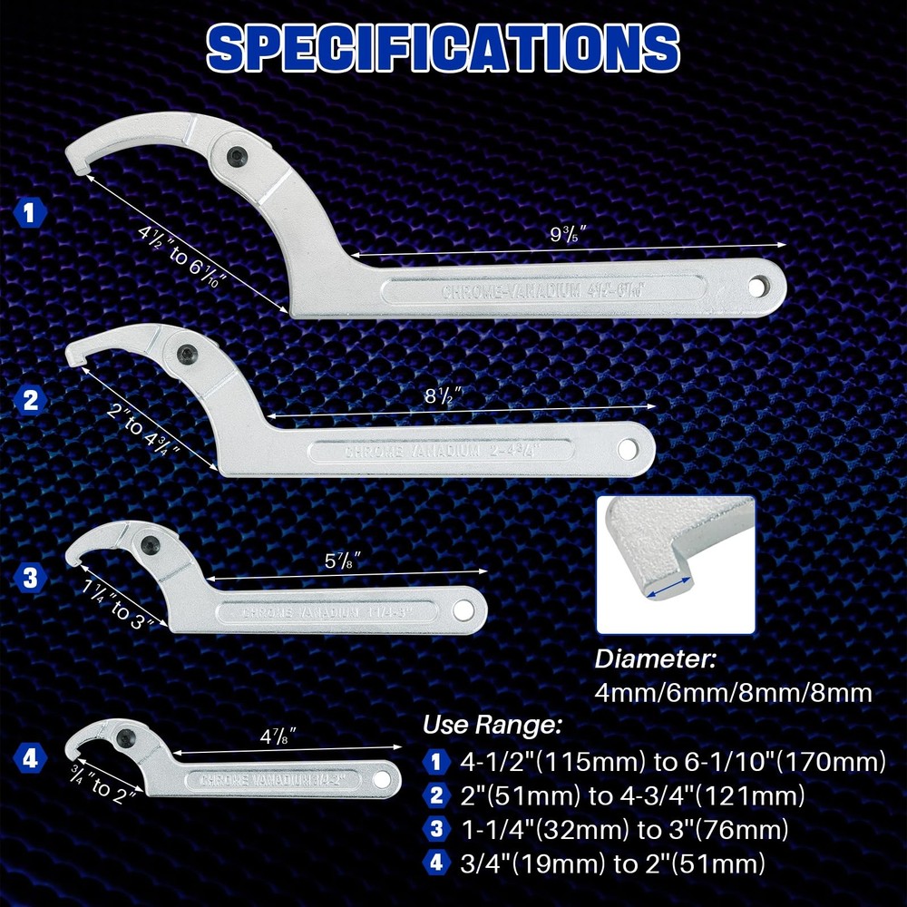 8pcs Adjustable Pin Spanner Wrench Tool Set, C-Shape Pin Hook Wrenches with C...