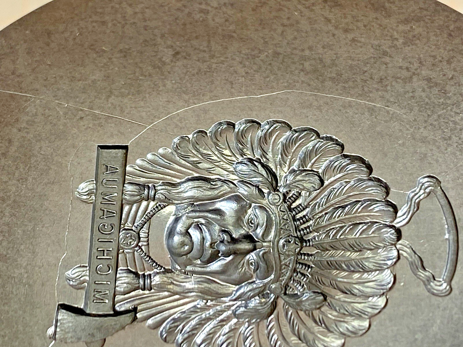 VTG Die Mold Native American Indian Chief Michigamua Tomahawk Watch Fob Medal