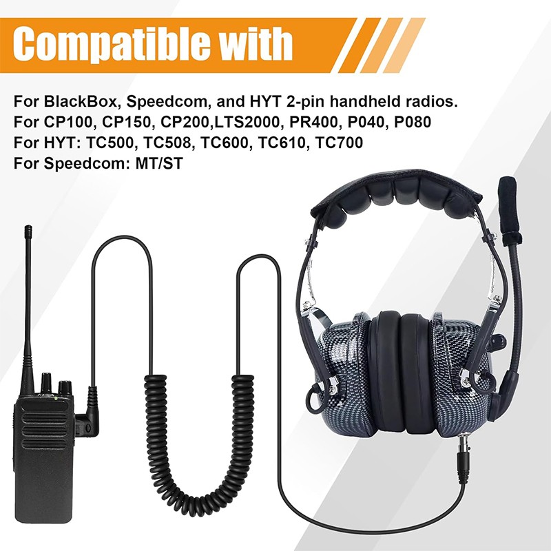 2-Pin to 5-Pin Coil Cord Cable for Motorola/HYT/Black Box/Speedcom Radio Headset
