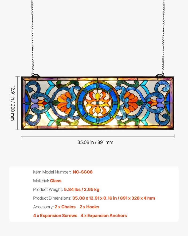 Tiffany Style Stained Glass Window Panel Hanging Transom