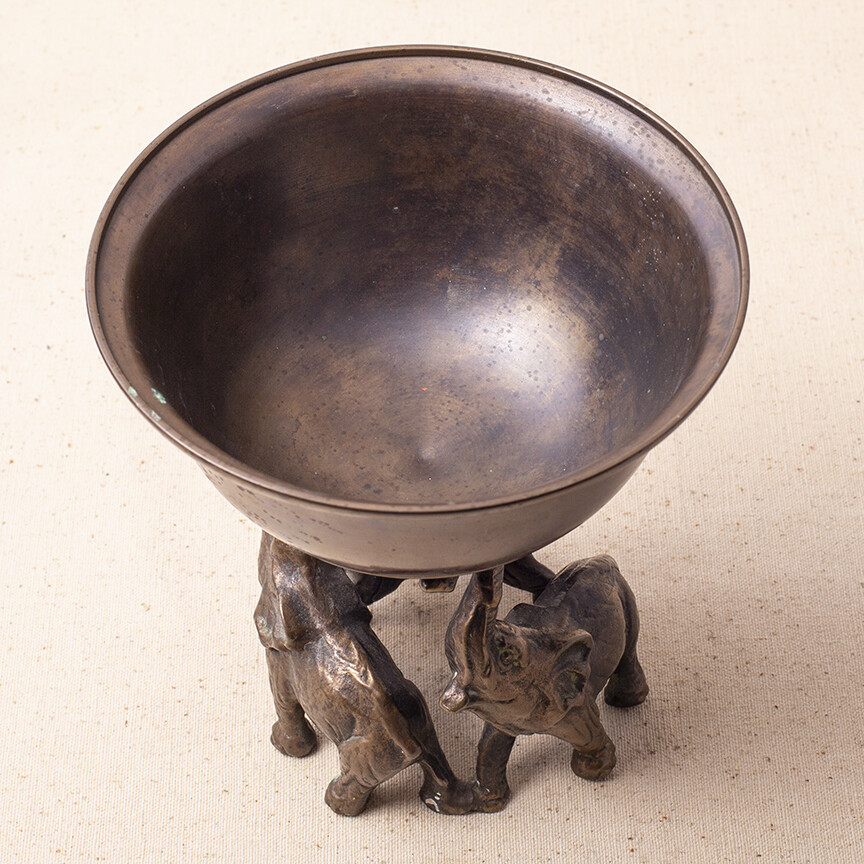 Solid Bronze Cast of Three Elephants Supporting a Bowl 7.5" Tall