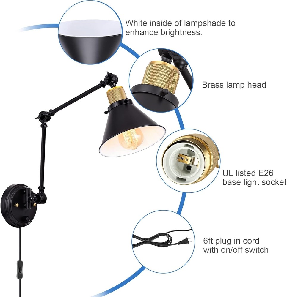 Wall Sconce Plug in Dimmable Wall Sconce W/ Switch Swing Arm Wall Lights Plug in