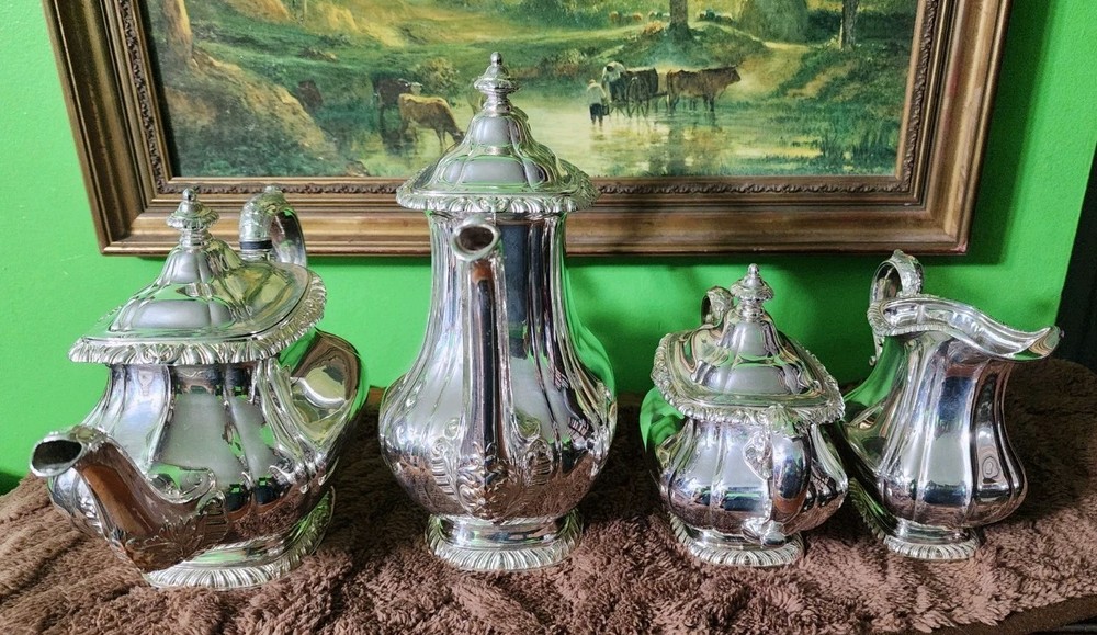 😎NICE! GORHAM ANTIQUE SHELL & GADROON SILVERPLATED 4pc COFFEE & TEA SET☕️🍵🍚🥛