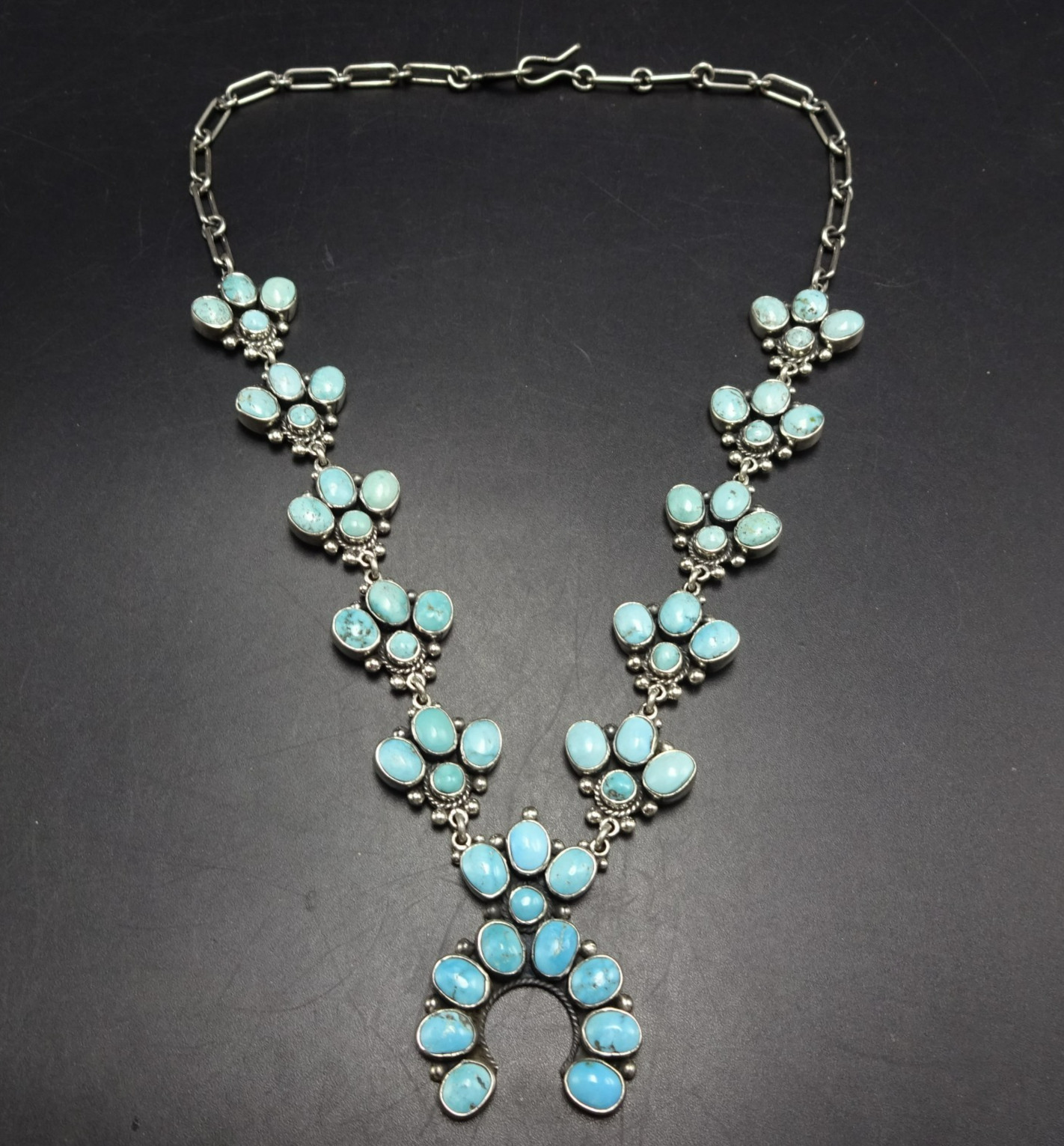 Diminutive FEDERICO JIMENEZ Sterling Silver TURQUOISE CLUSTER Squash Necklace
