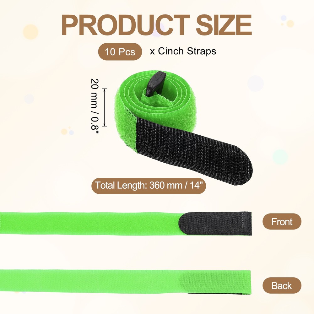 10pcs Reusable Cinch Straps 0.8"x14" Hook and Loop Cable Securing Straps, Green