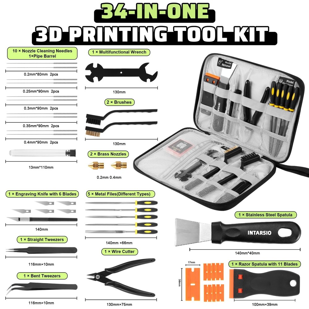 3D Printer Tools Kit, 34pcs Accessories for All FDM/SLA Black