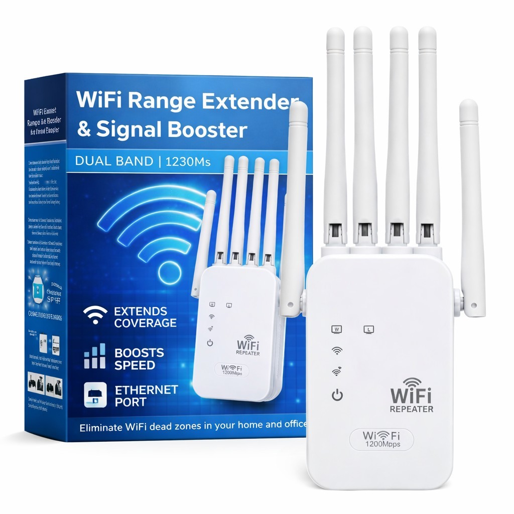 1200Mbps WiFi Extender – Dual Band 2.4G/5G Signal Booster w/ Ethernet