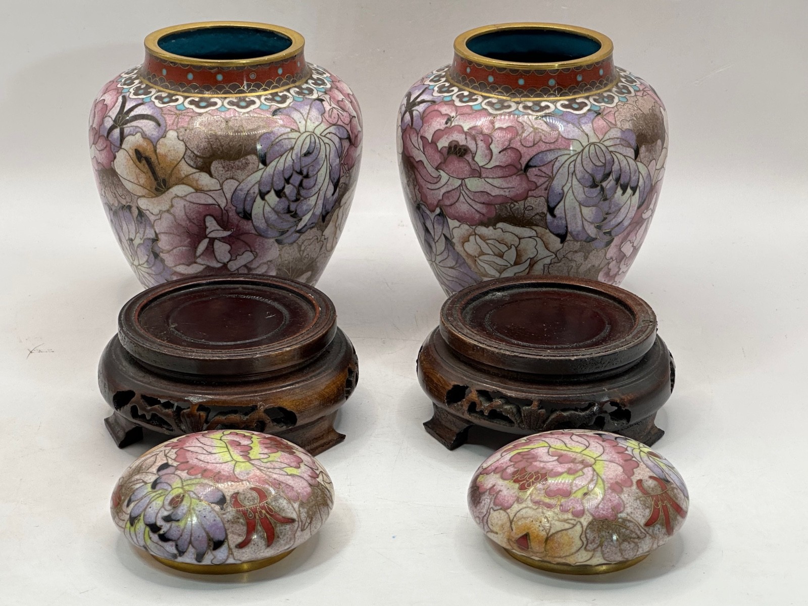 Vintage Pair of Chinese Cloisonné Enamel Ginger Jar Floral Motif 6.75" Wood Base