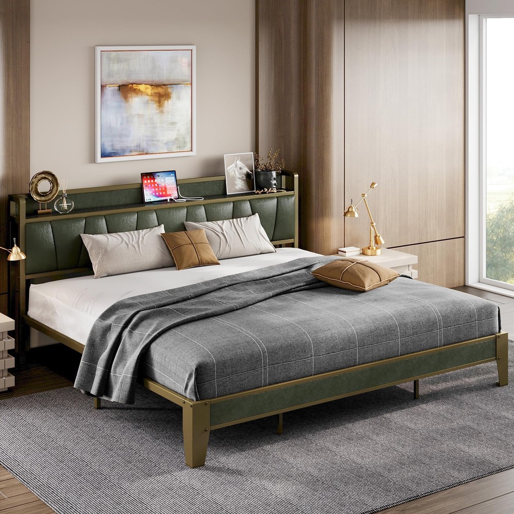 King Bed Frame, Storage Headboard with Charging Station, Solid and Stable, No...