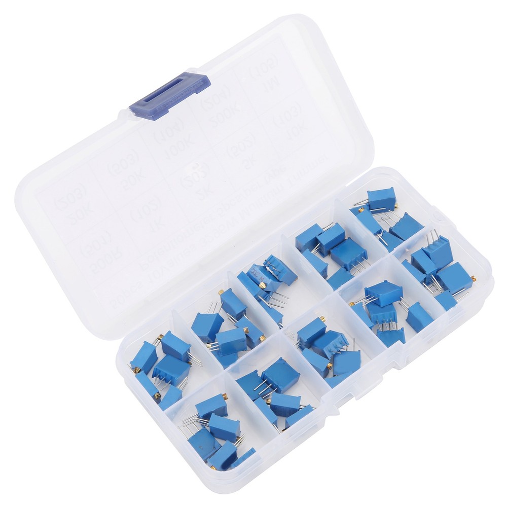50pcs Variable Resistor 10 Values 3296W Regulating Resistance Trimmer Tool Part