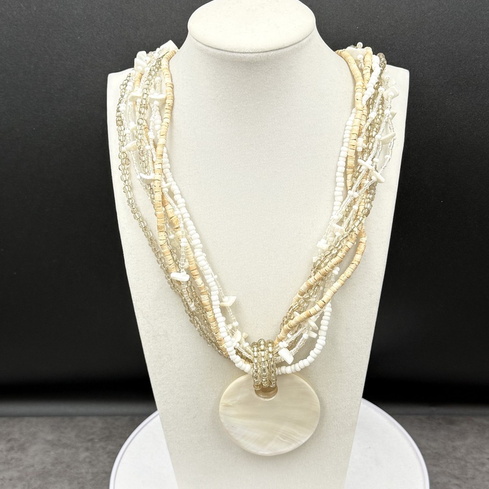 Vintage Cream Shell Disc Multi-Strand Bead Necklace Boho Statement