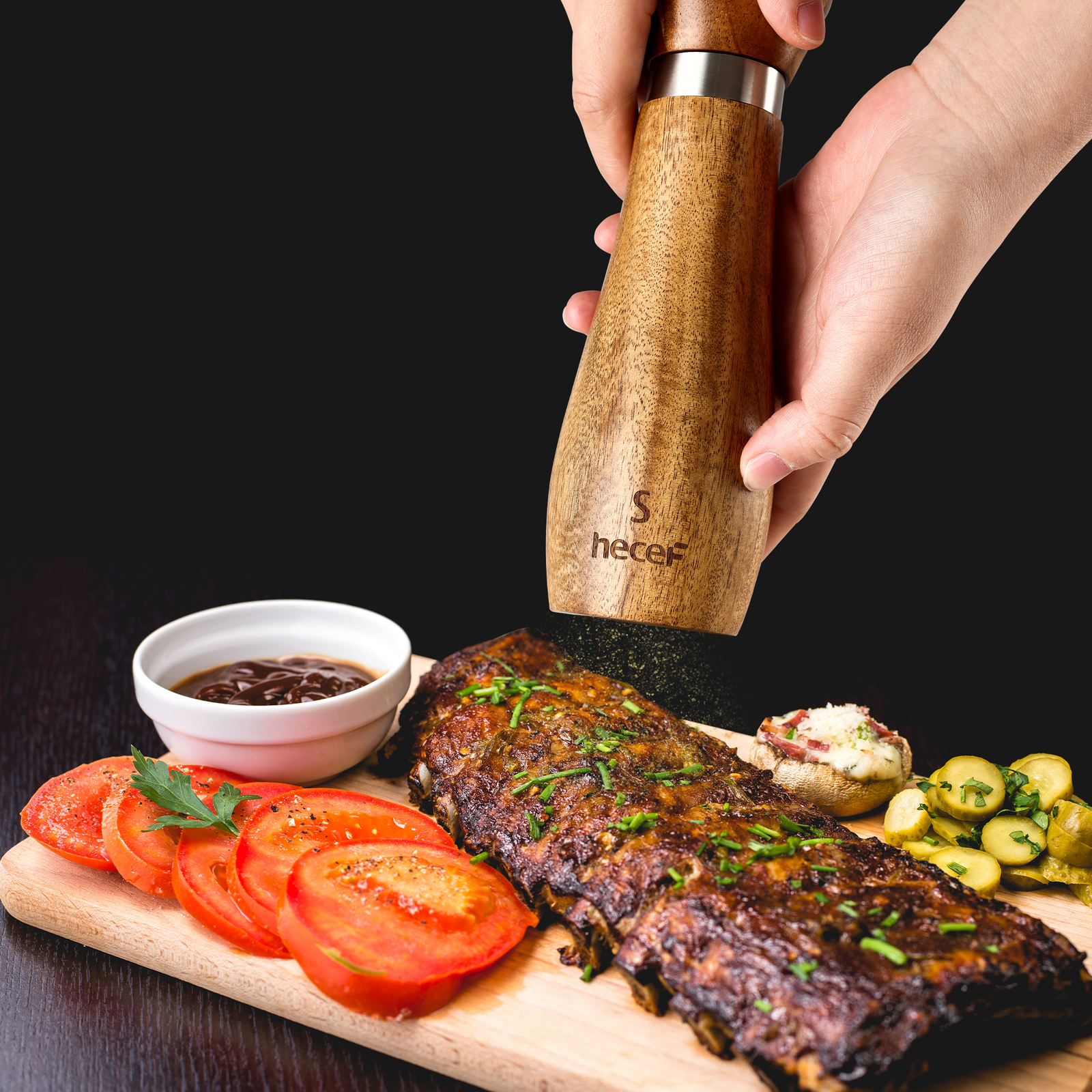 2Pcs Salt and Pepper Grinder Set Acacia Wood 21cm Adjustable Ceramic Spice Mill