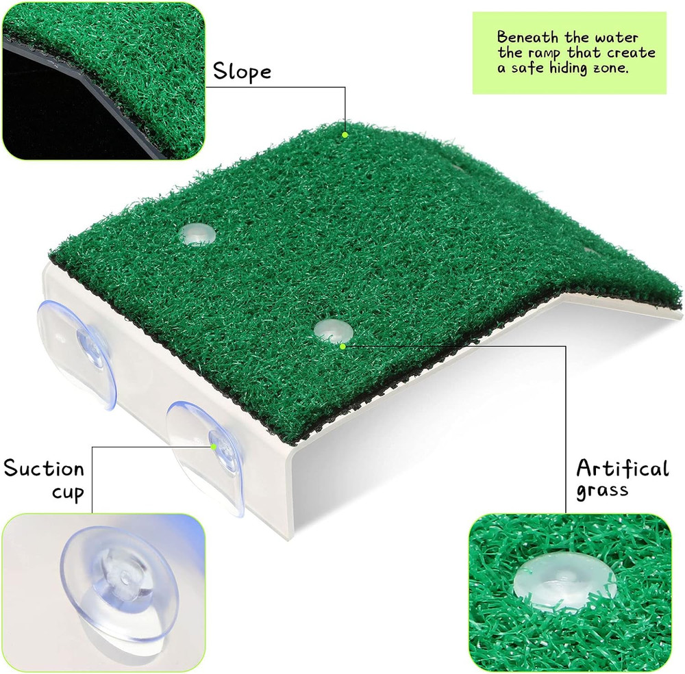 2 Pieces Turtle Basking Platform Simulation Grass Turtle Ramp Lawn Tortoise C...