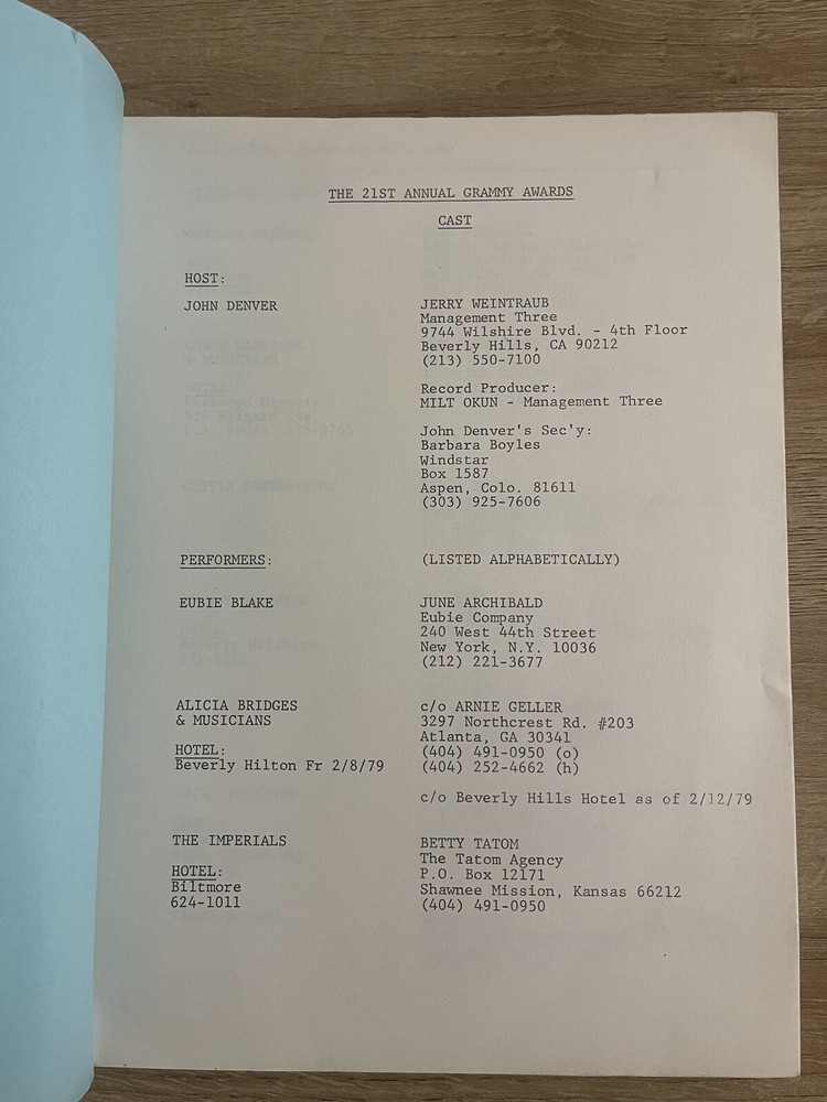 21st Grammy Awards Show (1979) Original Screenplay Script First Draft