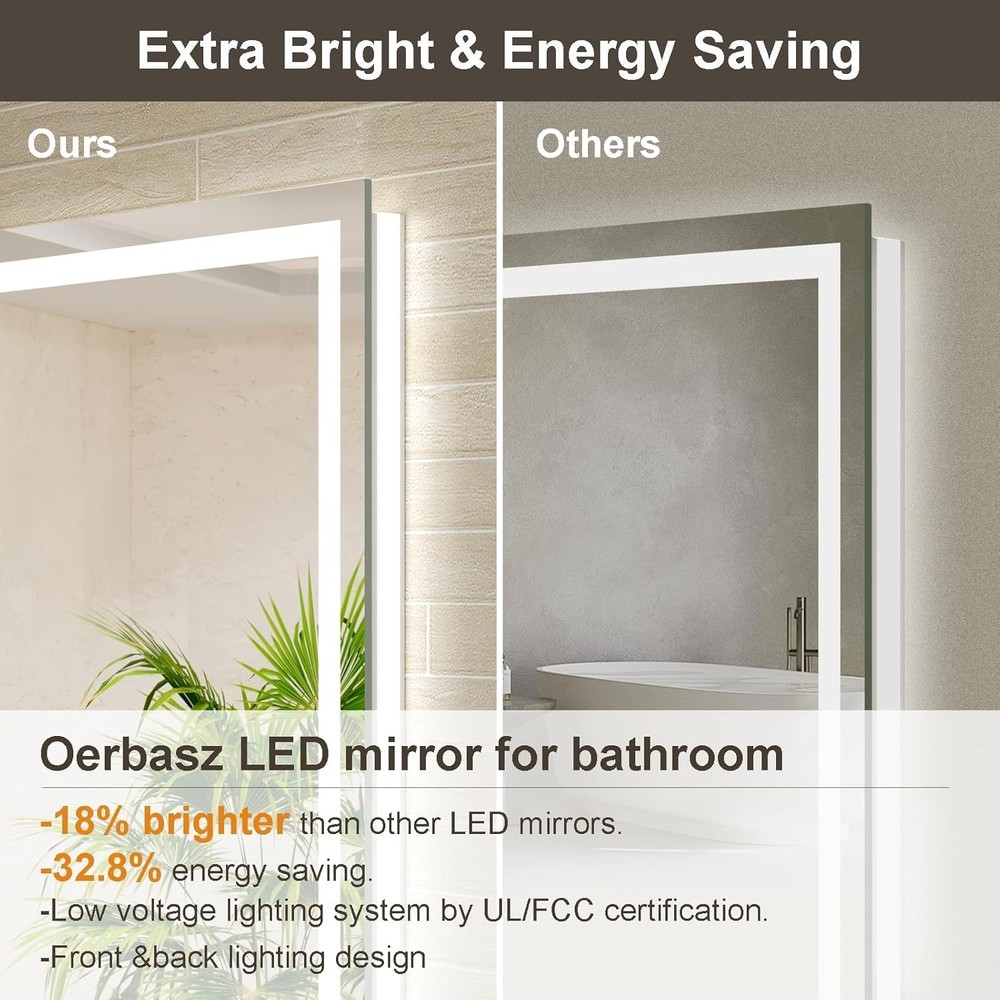 24x36 LED Bathroom Mirror with Lights, Brighter Backlit + Front Lit, Tempered...