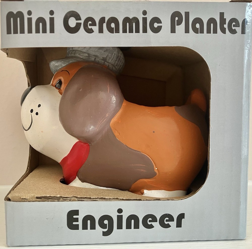 CERAMIC PLANTER DOG TRAIN ENGINEER THEME NEW