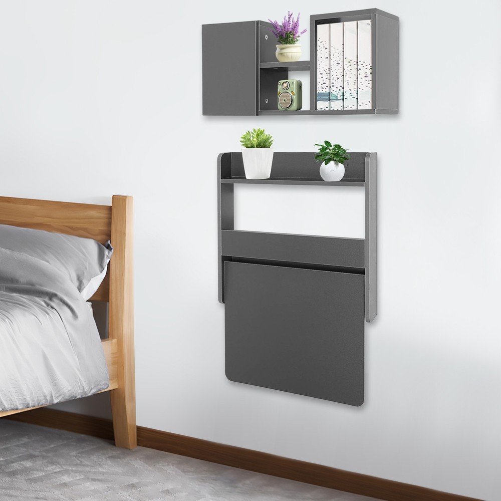 Folding Space Saving Wall Mounted Bookshelf, Fold Down Laptop Desk Workstation