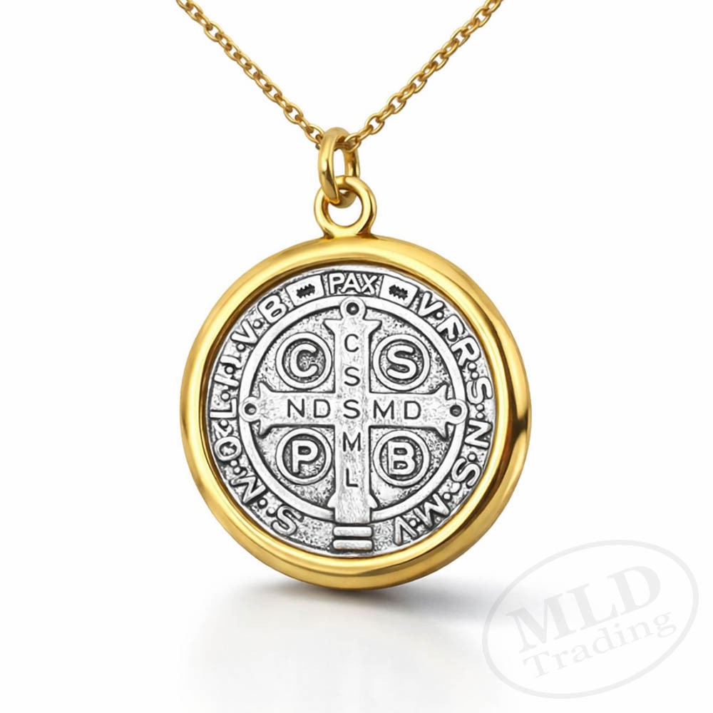 Saint St Benedict Medal Pendant Necklace – Gold Tone Border – 18”+2” Link Chain