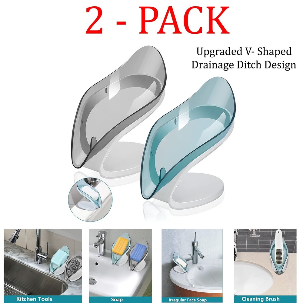 2 Pcs Soap Dish Holder Self Draining Leaf Shape Soap Saver Suction Cup Bathroom
