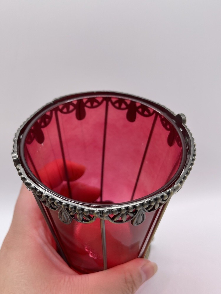 Vintage Elegant Silver-Metal Wire Cup Red Glass Votive Holder Goth Decor ****