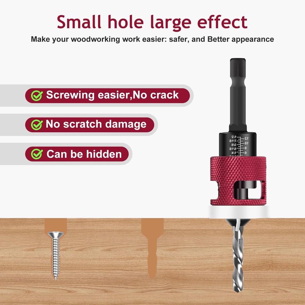 1 Pcs Countersink Drill Bit Set with Low Friction Depth Stop, 1pcs/set, Red