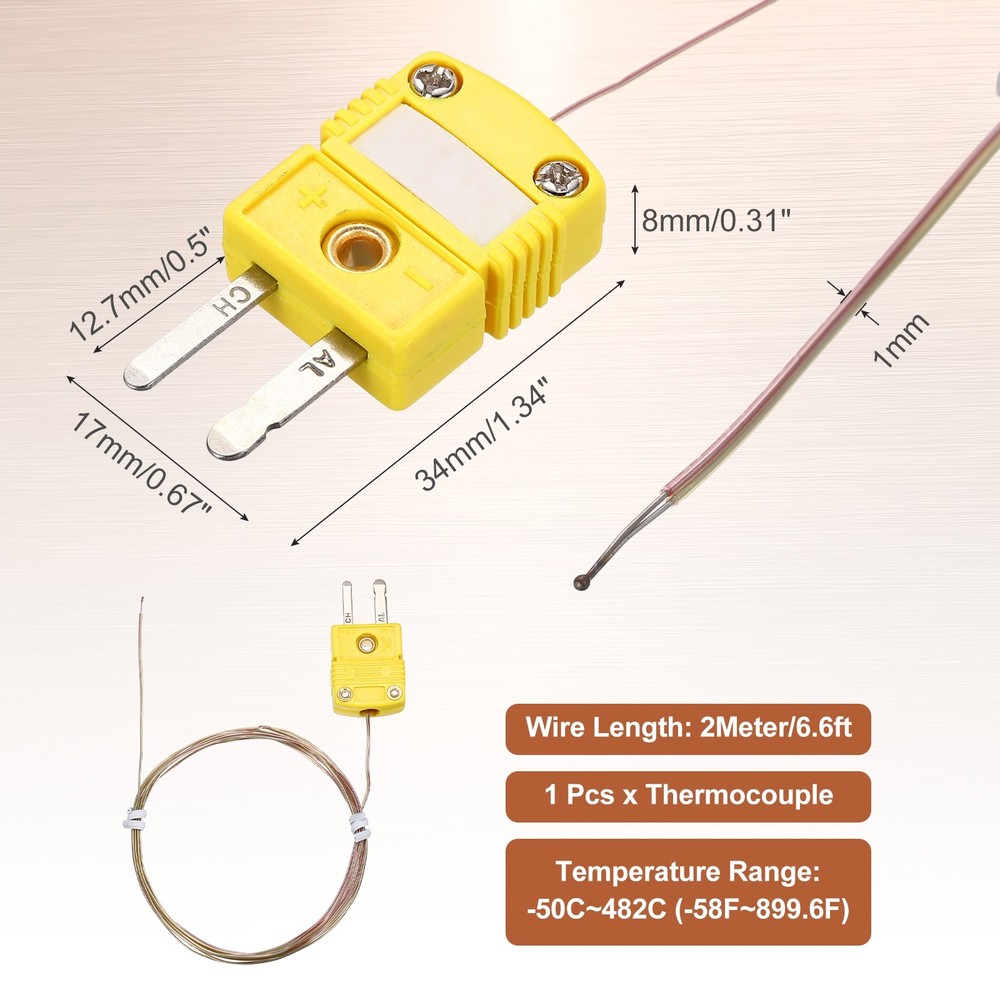 K Type Thermocouple Mini Connector Temperature Sensor 6.6ft, 1mm Wire